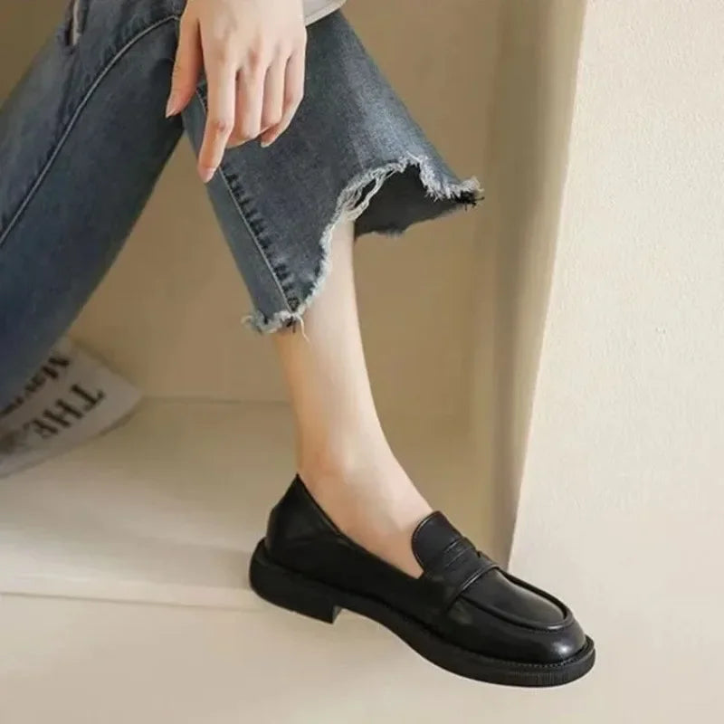 Black Leather Slip on British Style Low Heels Spring Platform Flats Loafers