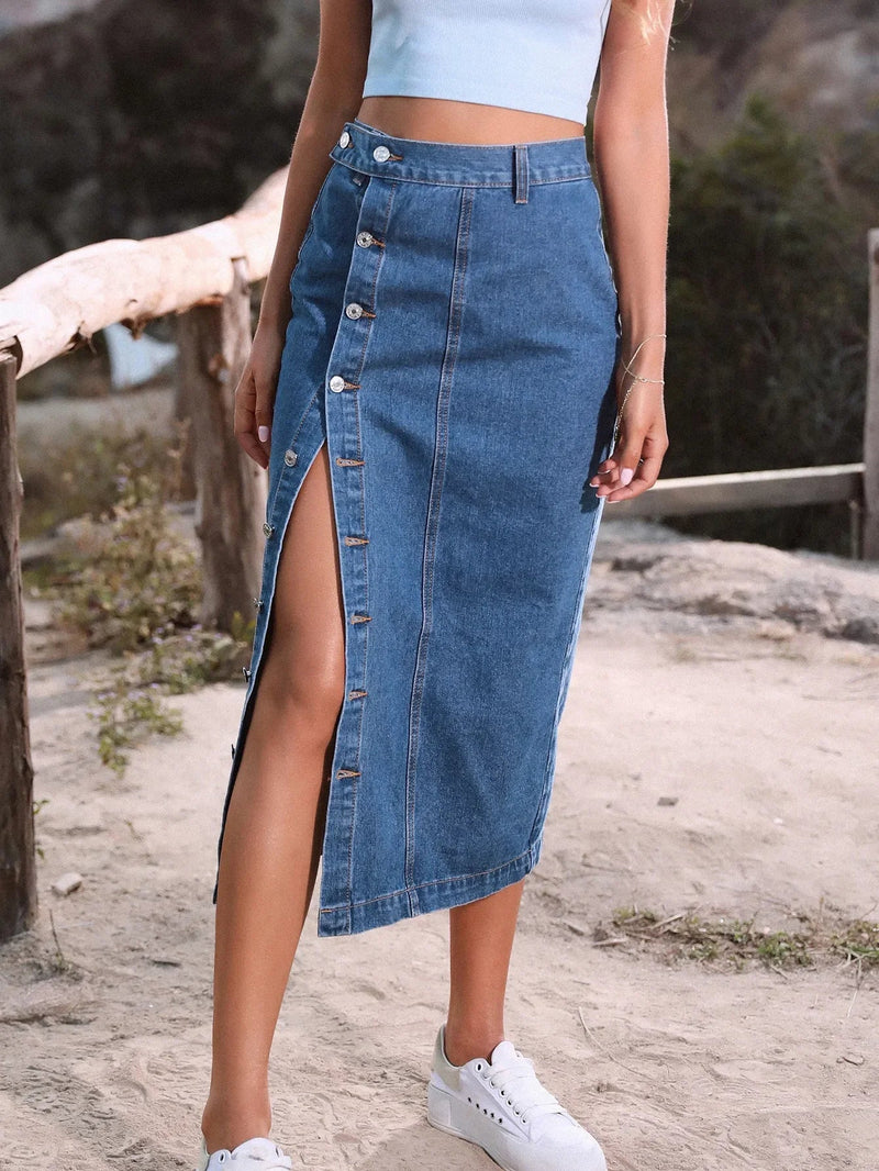 Blue a Line Jean High Waist Irregular Split Long Denim Skirt