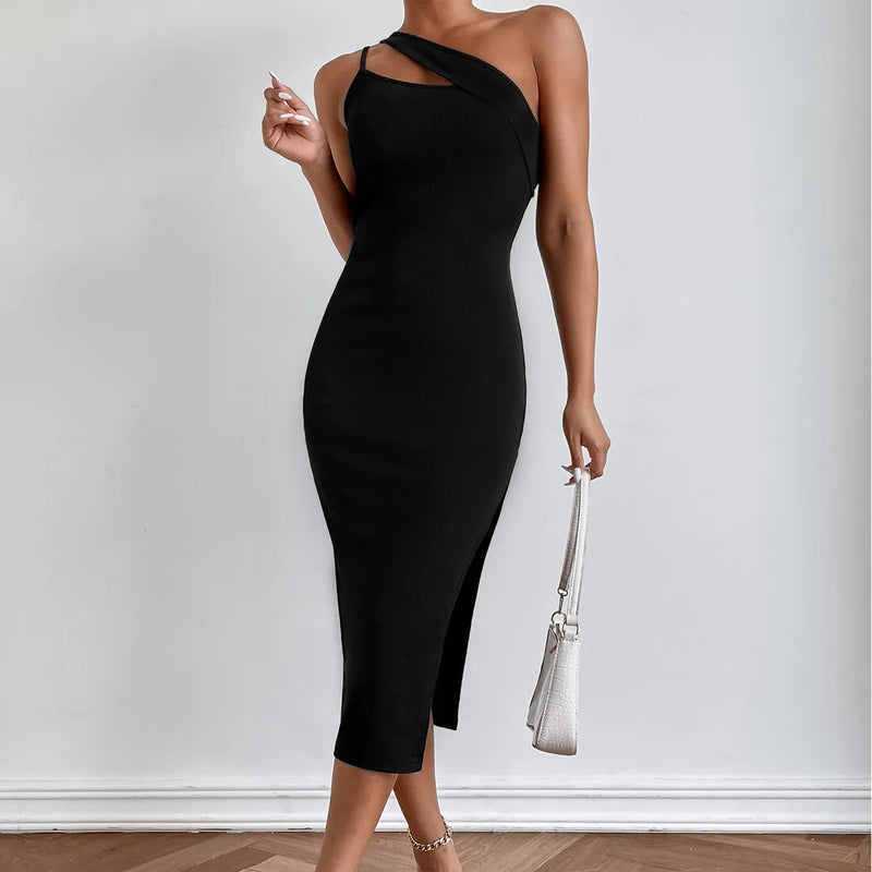 New Slit Oblique Slimming Y2k Midi Dresses