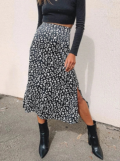 New Leopard Print Chiffon Split Skirt Long Skirts for Spring Summer Zip Female Skirt