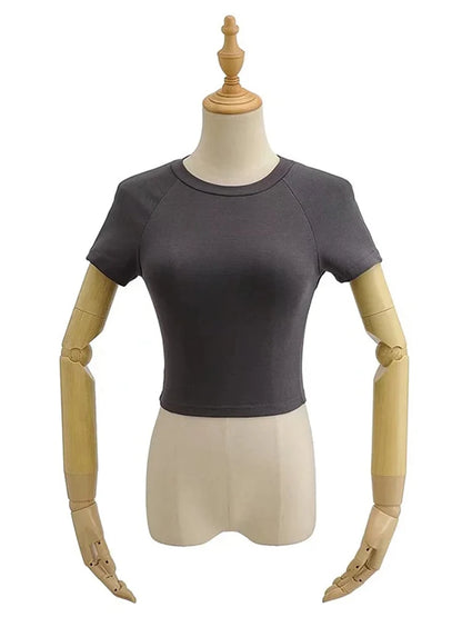 Off Back Raglan Sleeves Slim Fit Short Sleeve Short Open Navel T-shirt