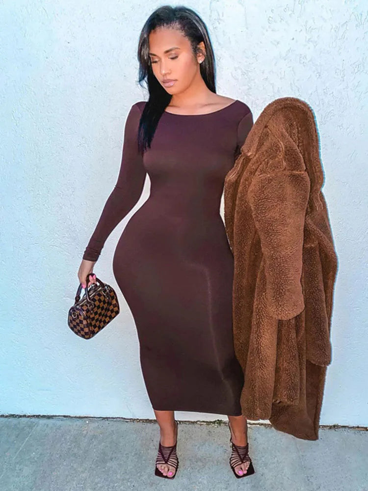 Backless Evening Club Birthday Brown Sleeve Midi Dresses