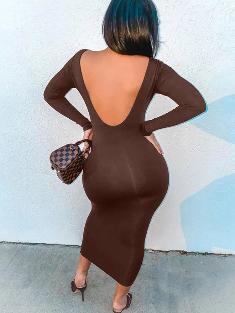 Spring Backless Evening Club Birthday Brown Long Midi Dresses