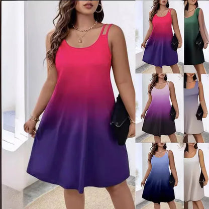 Summer New Gradient Print Midi Dresses Beach Vacation Loose Camisole Dress Female Vestidos