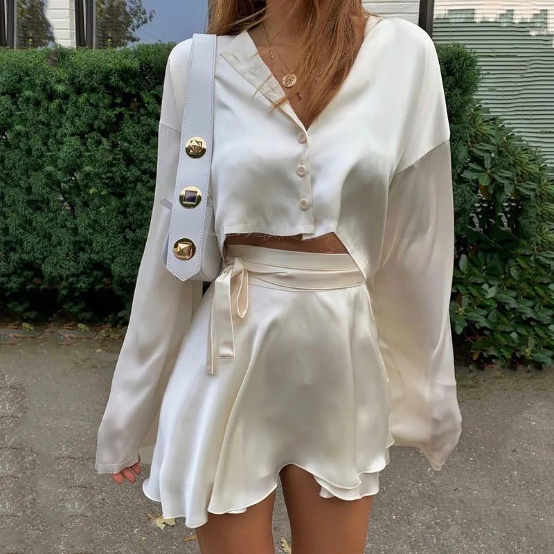 Dressbetty - White Satin Crop Lantern Long Sleeve Mini Tennis Sports Skirt