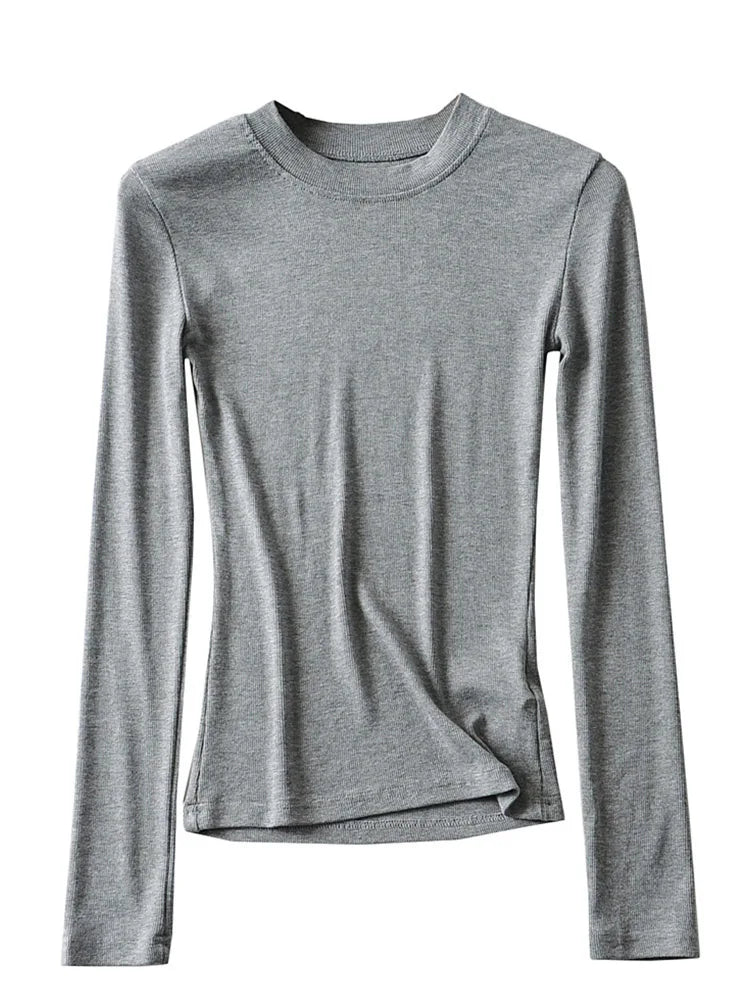 Clothing Cotton Kintted Tops Slim Elastic O-neck Full-sleeve T-shirt