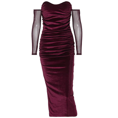 Bodycon Off-the-shoulder Velvet Mesh Y2k Midi Dresses