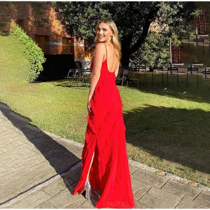 Chiffon Maxi Dress With Ruffles and Backless Split - Long Summer Wedding/christmas Party Outfit