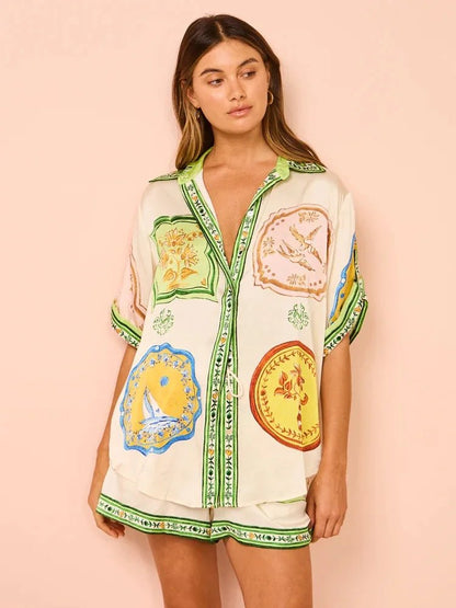 Printed Short-sleeve Blouse Top & Loose Shorts | Summer Beach Outfits