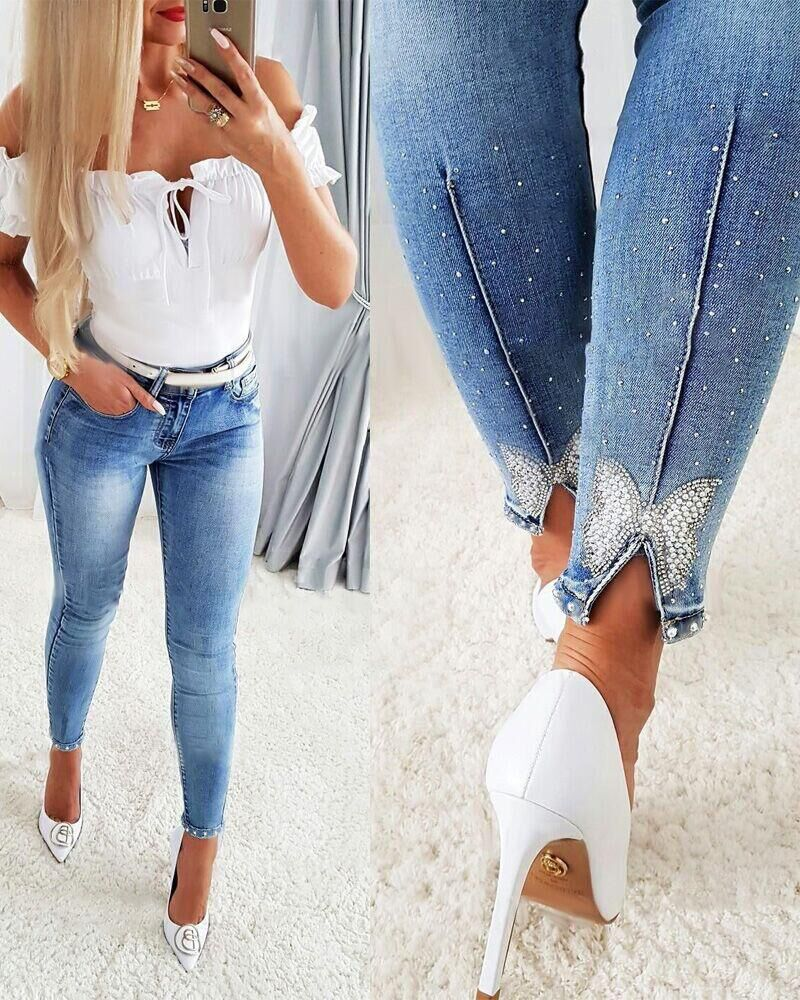 Beaded Butterfly Distressed Skinny Denim Pants