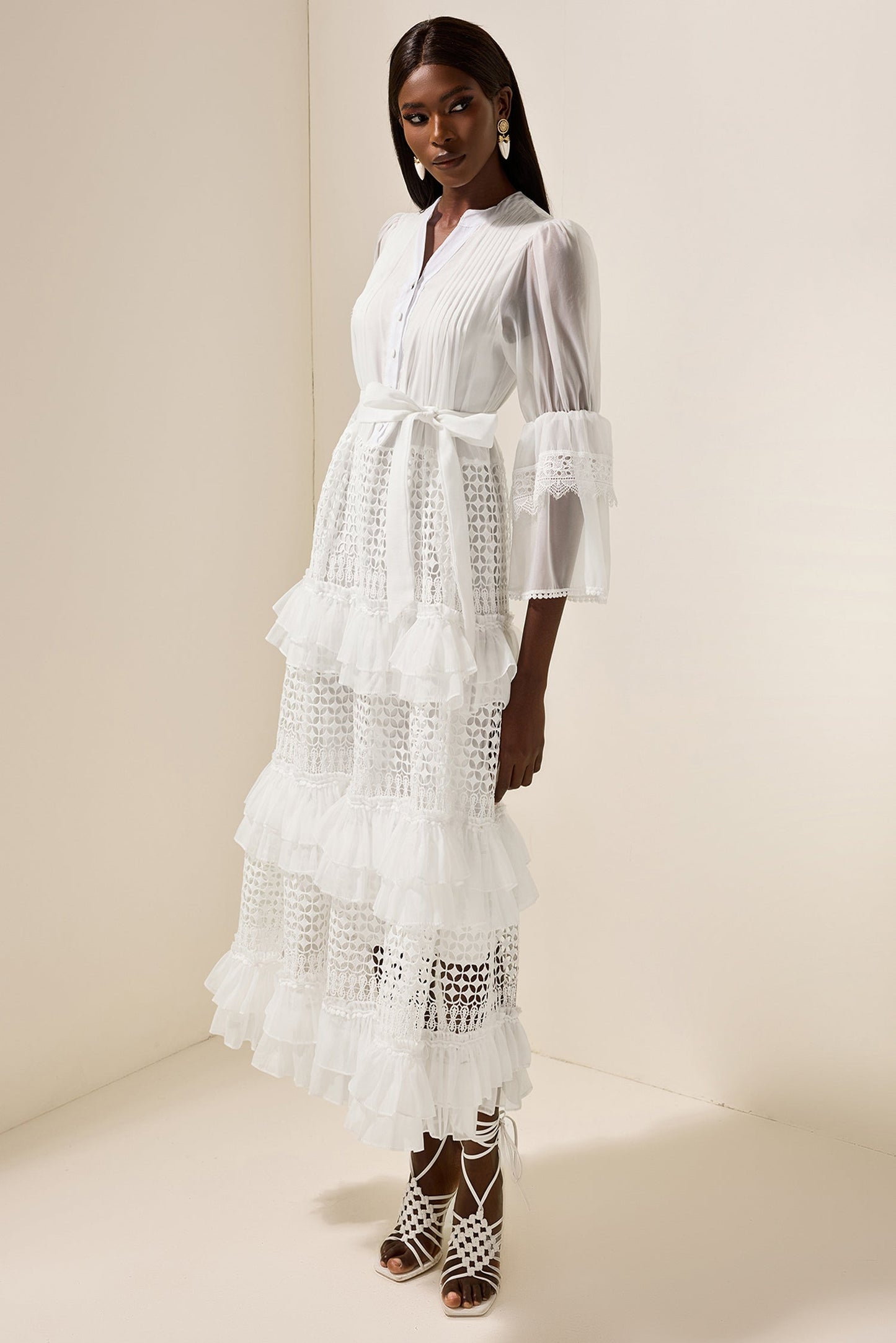 Bell Sleeve Frill Lace Midi Dress
