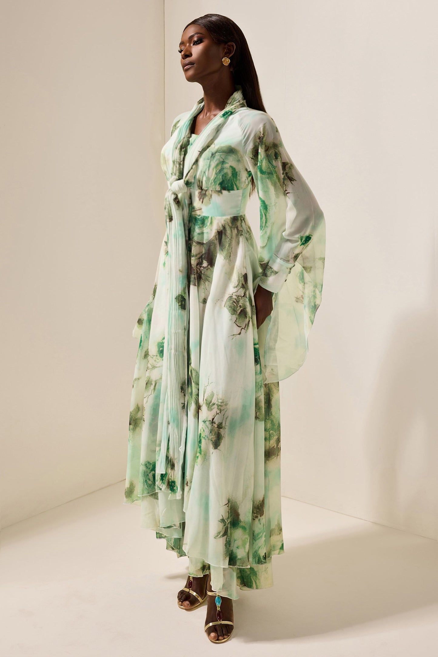Lace Up Long Sleeve Maxi Dress