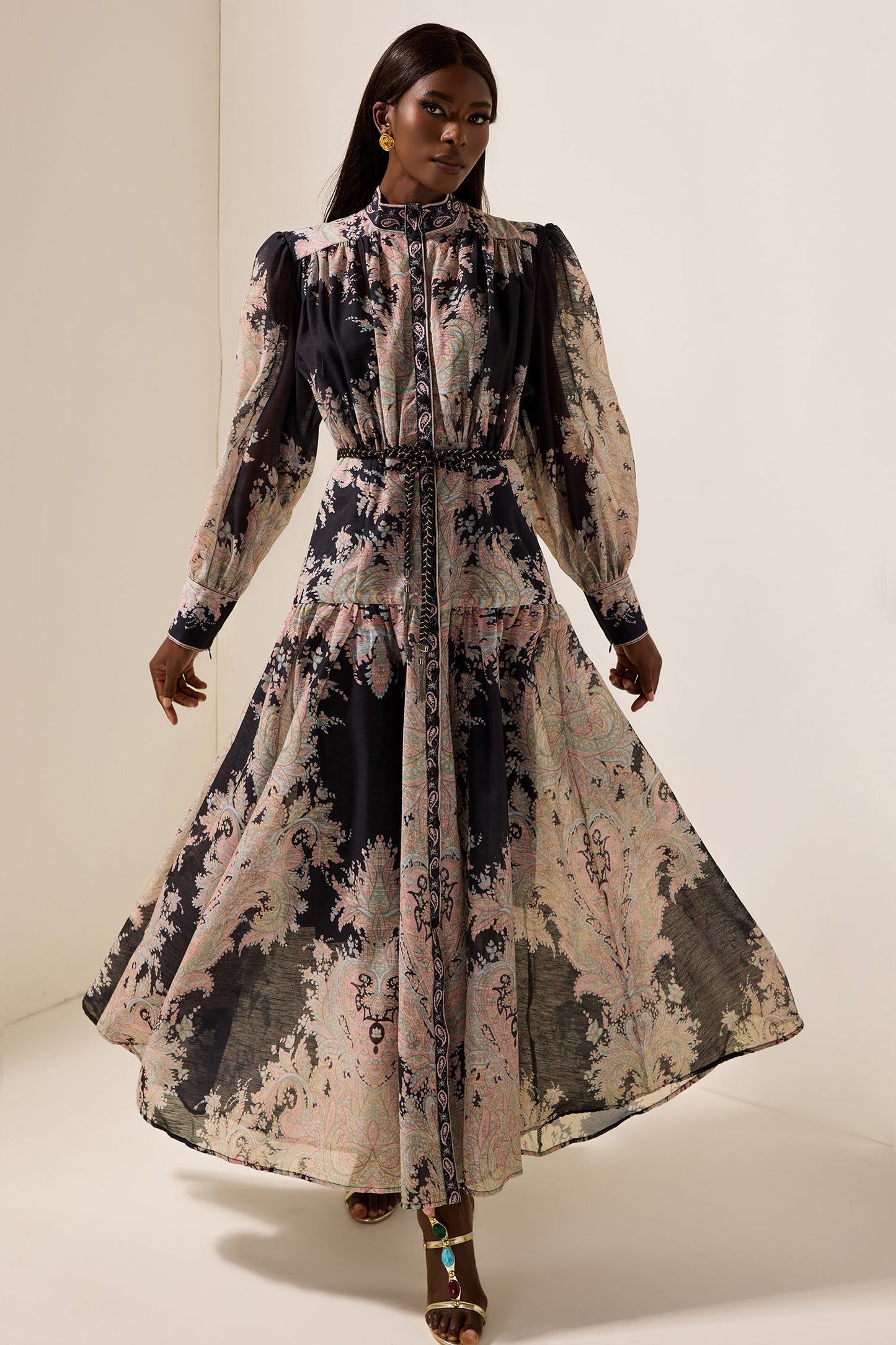 Paisley Print Lantern Sleeve Maxi Dress With Belt