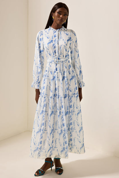 Frill Lantern Sleeve Maxi Dress With Belt