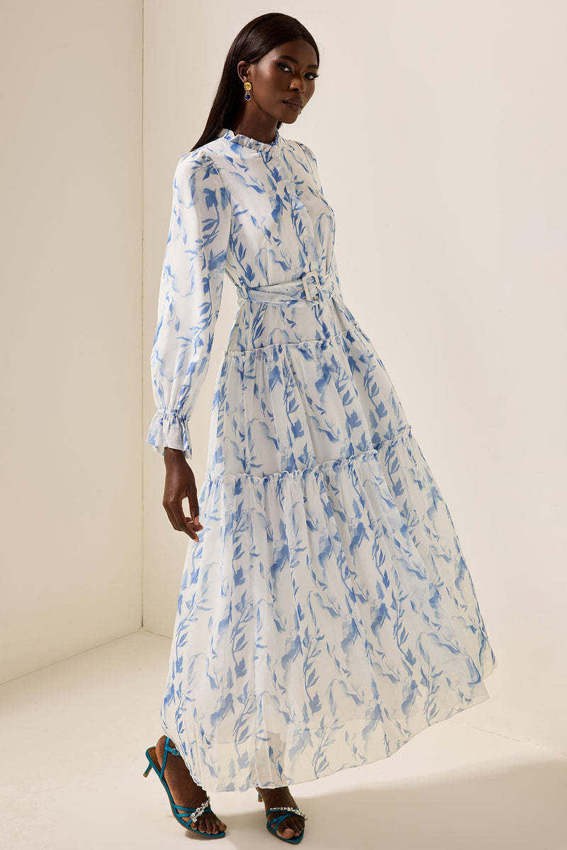 Frill Lantern Sleeve Maxi Dress With Belt