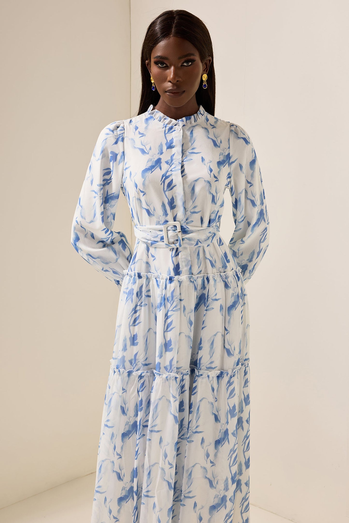 Frill Lantern Sleeve Maxi Dress With Belt