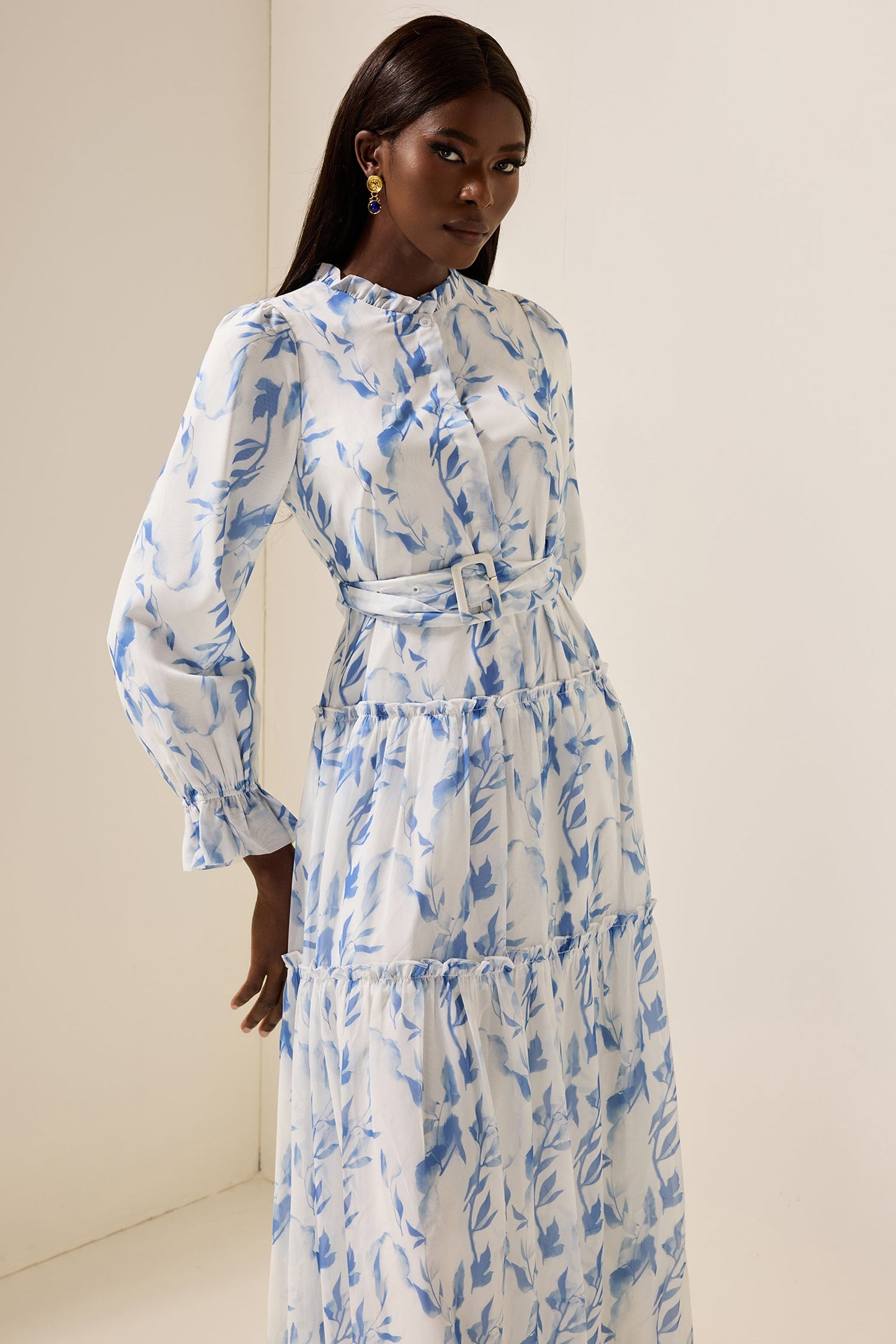 Frill Lantern Sleeve Maxi Dress With Belt
