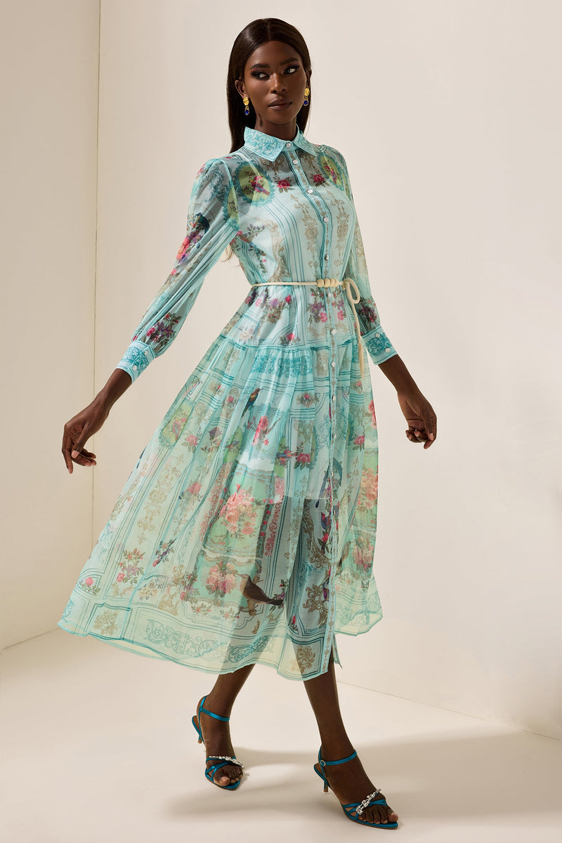 Shirt Collar Lantern Sleeve Midi Dress