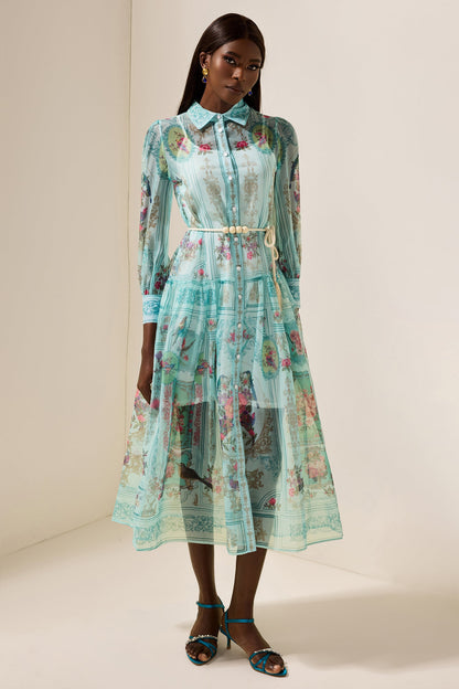 Shirt Collar Lantern Sleeve Midi Dress