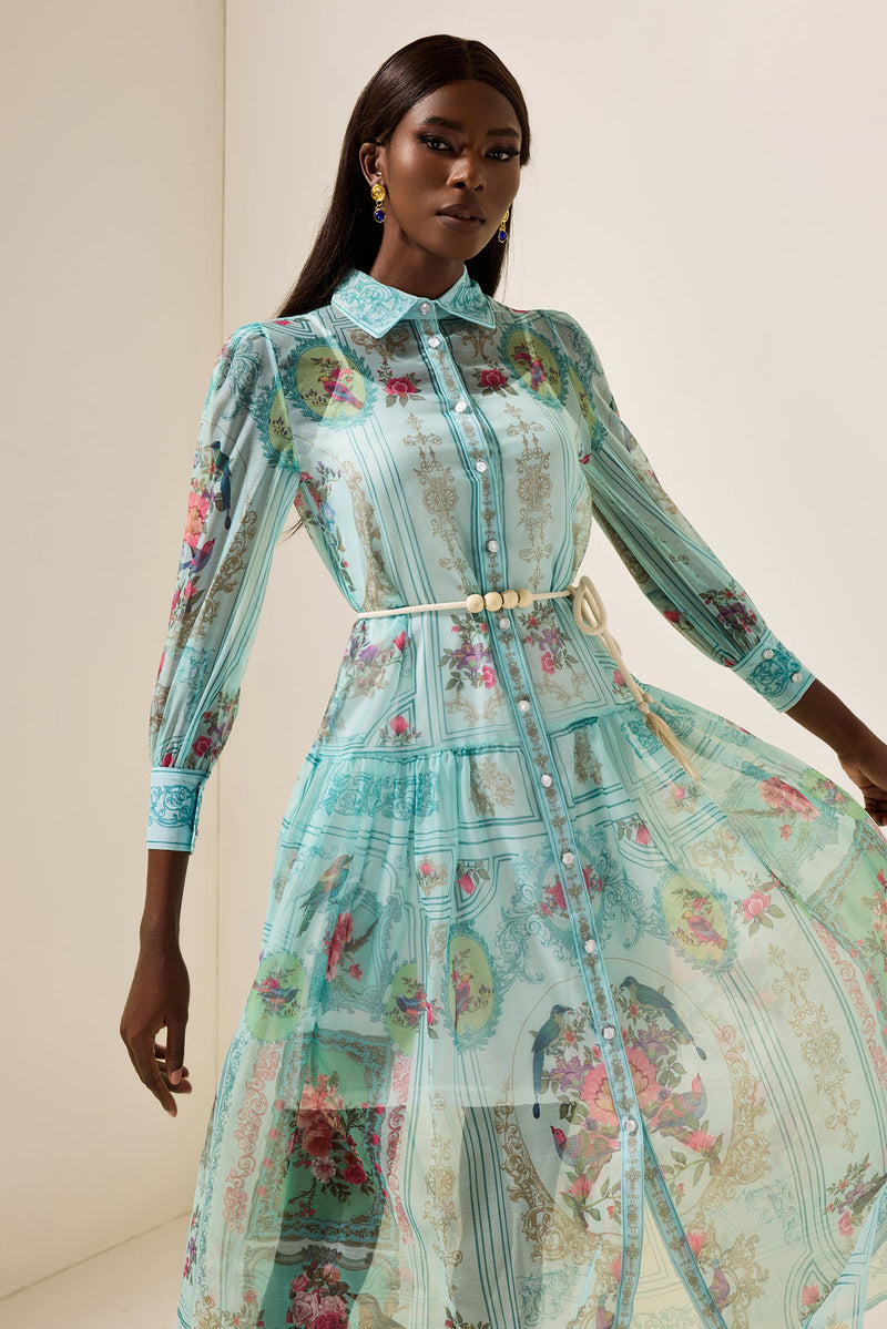 Shirt Collar Lantern Sleeve Midi Dress