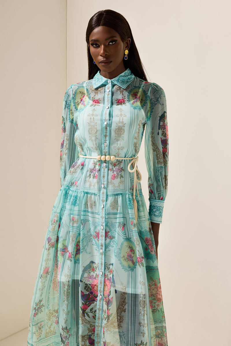 Shirt Collar Lantern Sleeve Midi Dress