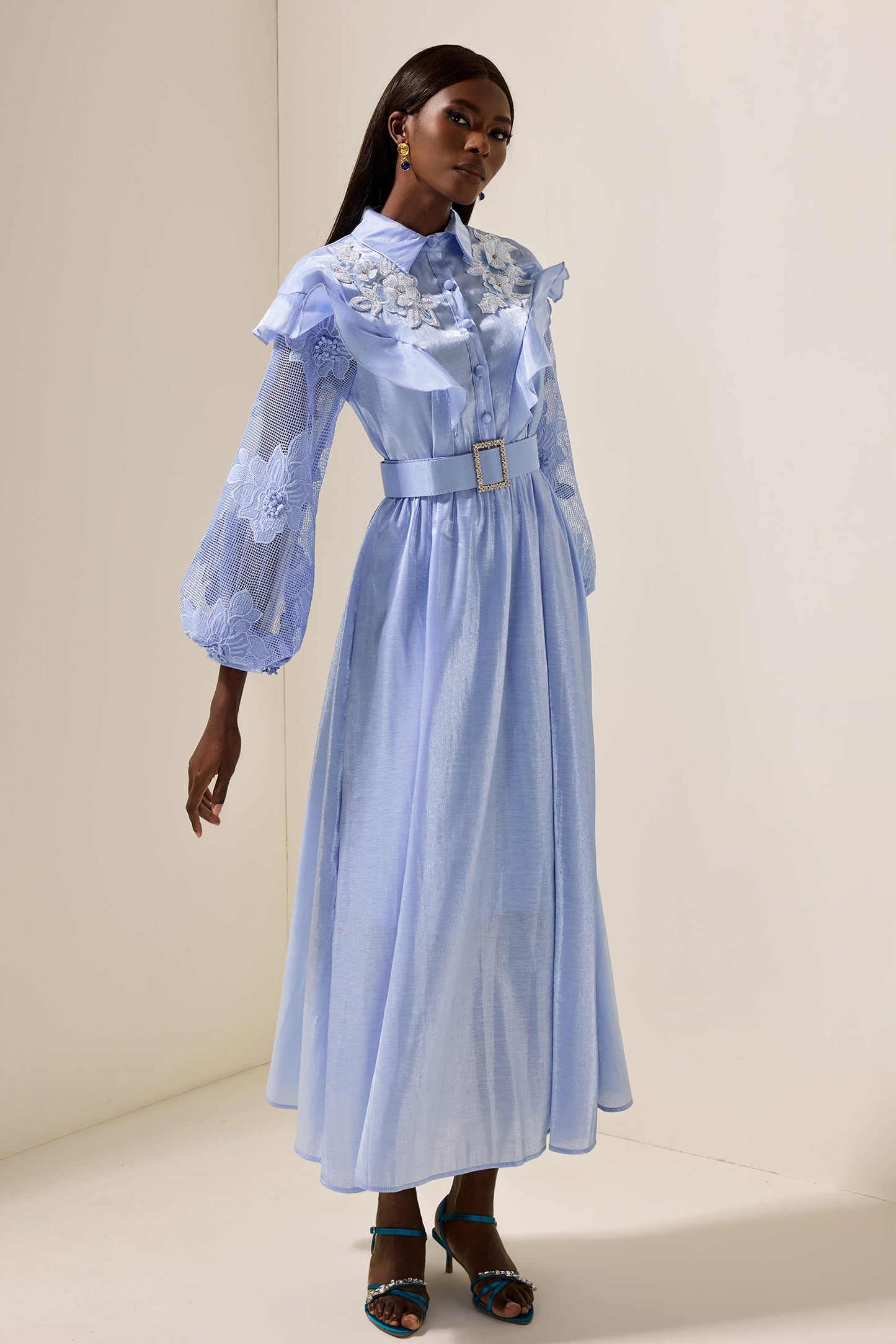 Lace Frill Midi Dress With Belt