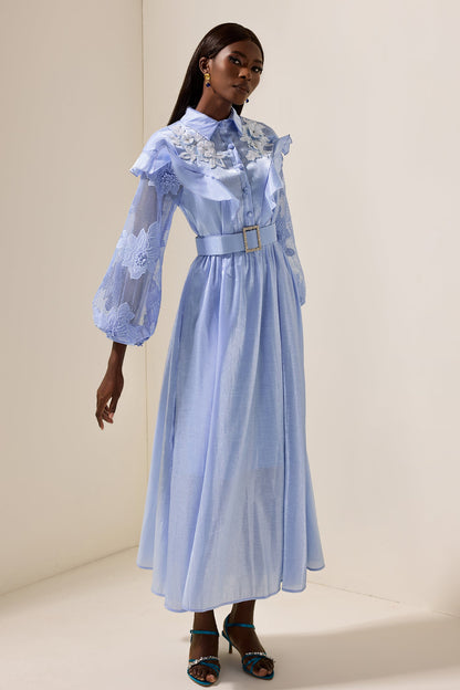 Lace Frill Midi Dress With Belt