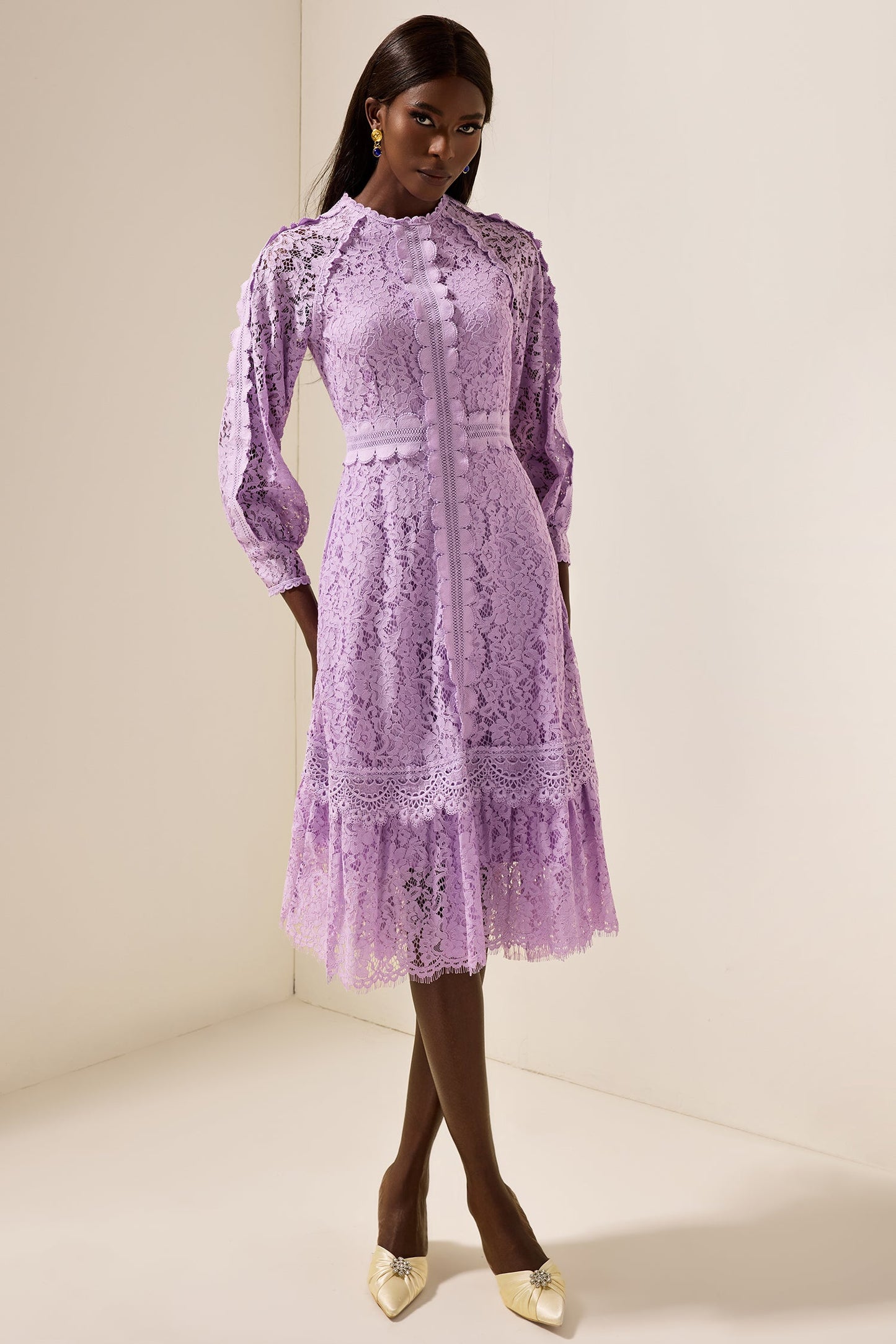 Embroidered Frill Midi Dress