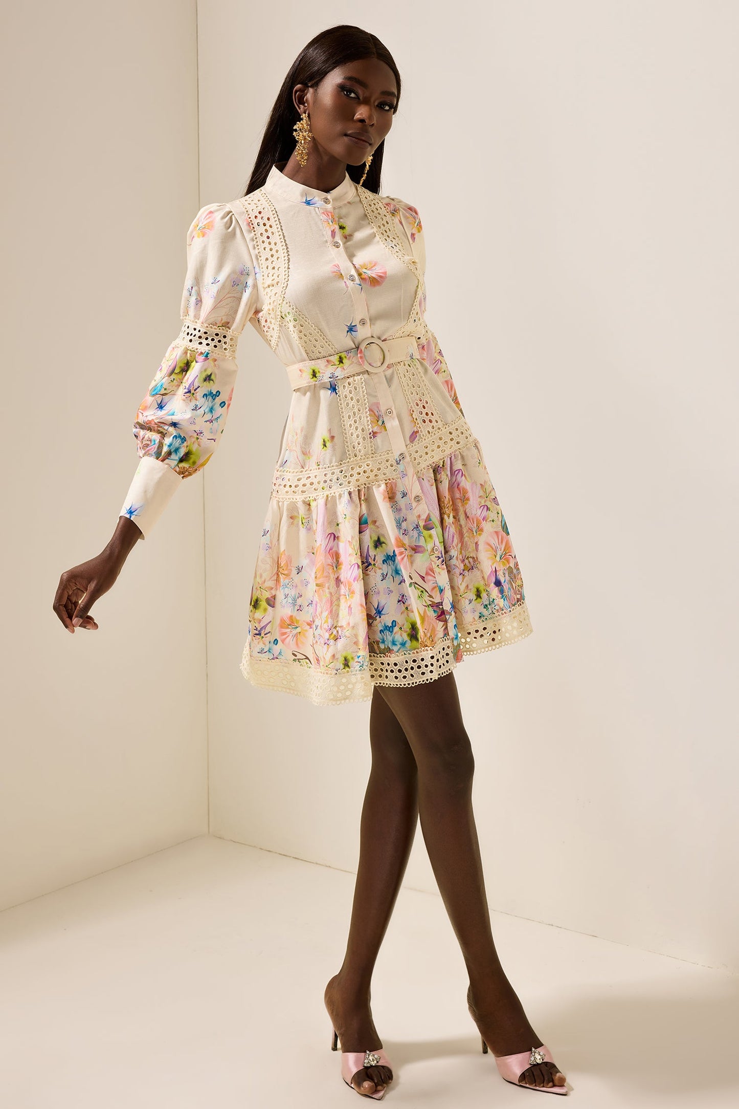 Lace Bottom Mini Dress With Belt