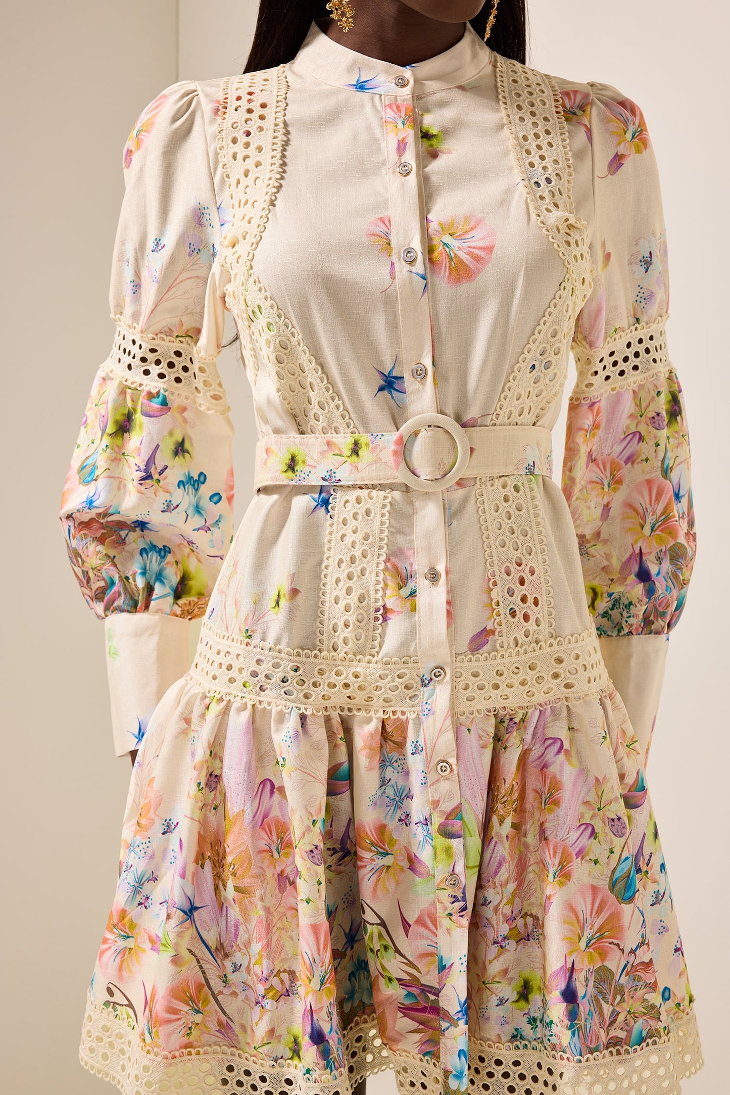 Lace Bottom Mini Dress With Belt