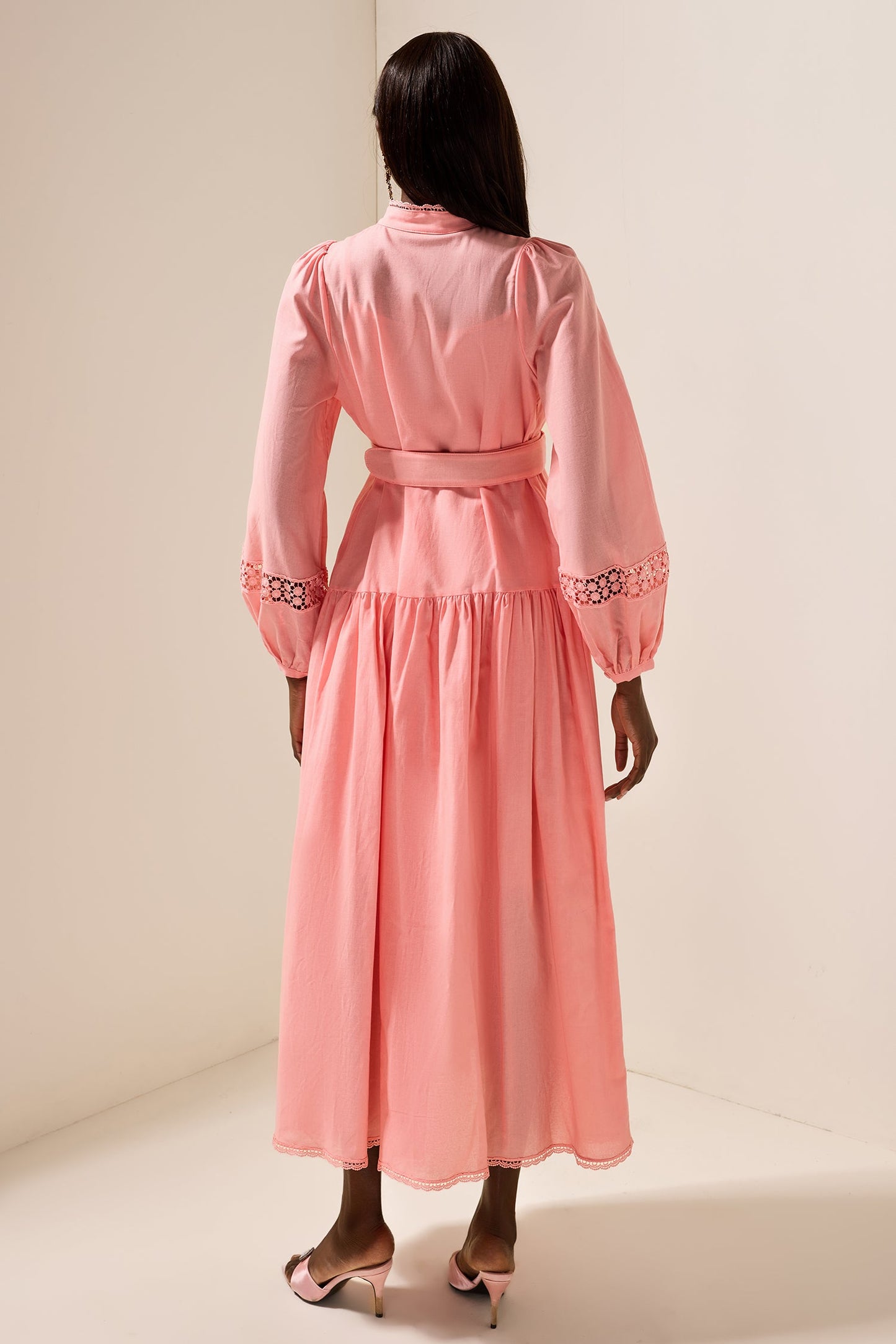 Lantern Sleeve With Belt Midi Dress