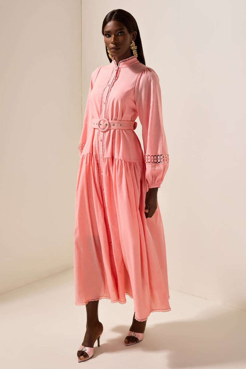 Lantern Sleeve With Belt Midi Dress