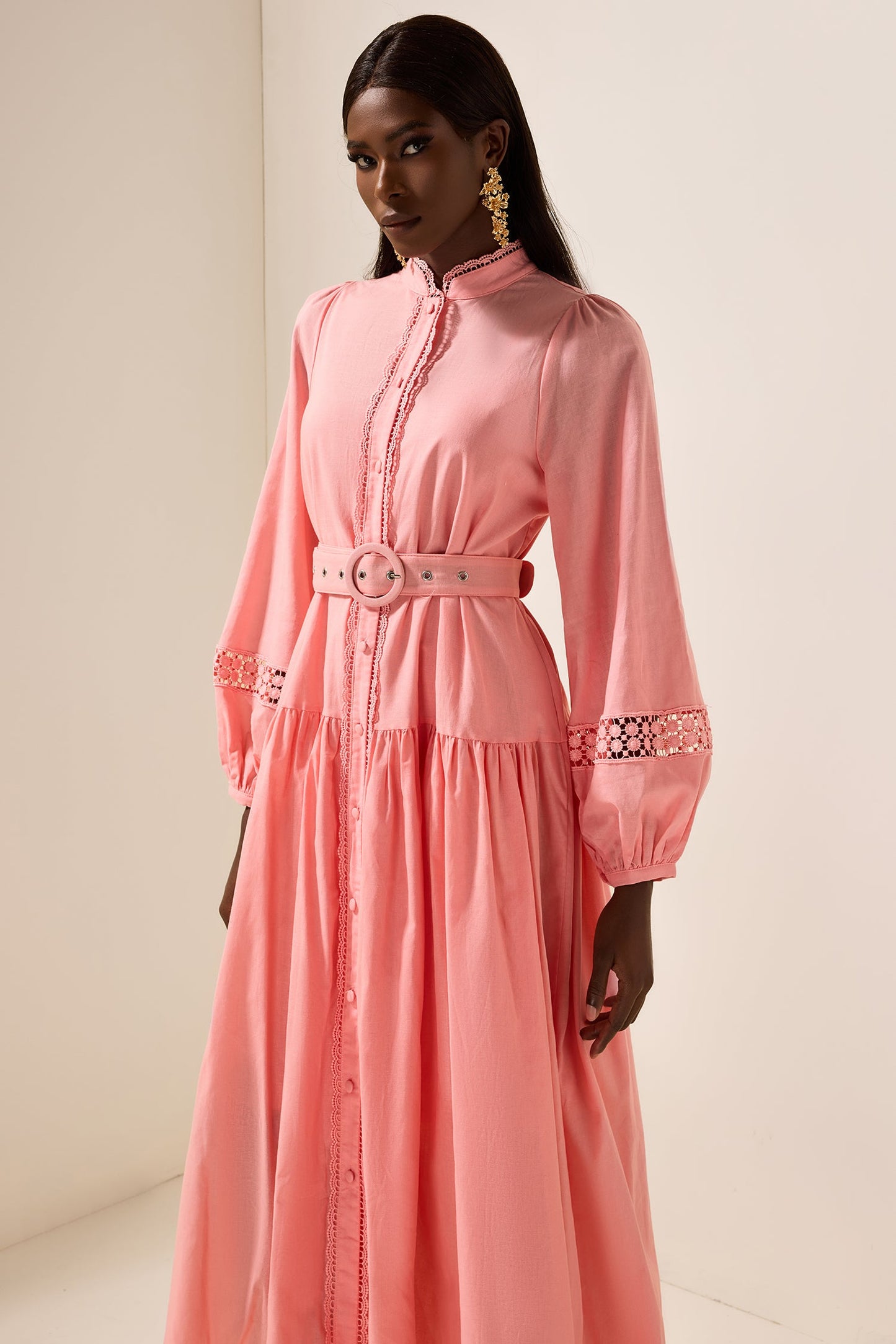 Lantern Sleeve With Belt Midi Dress