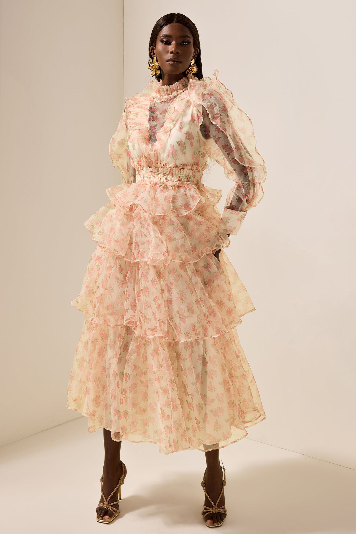 Long Sleeve Smocking Tiered Midi Dress