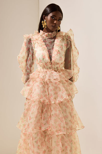 Long Sleeve Smocking Tiered Midi Dress