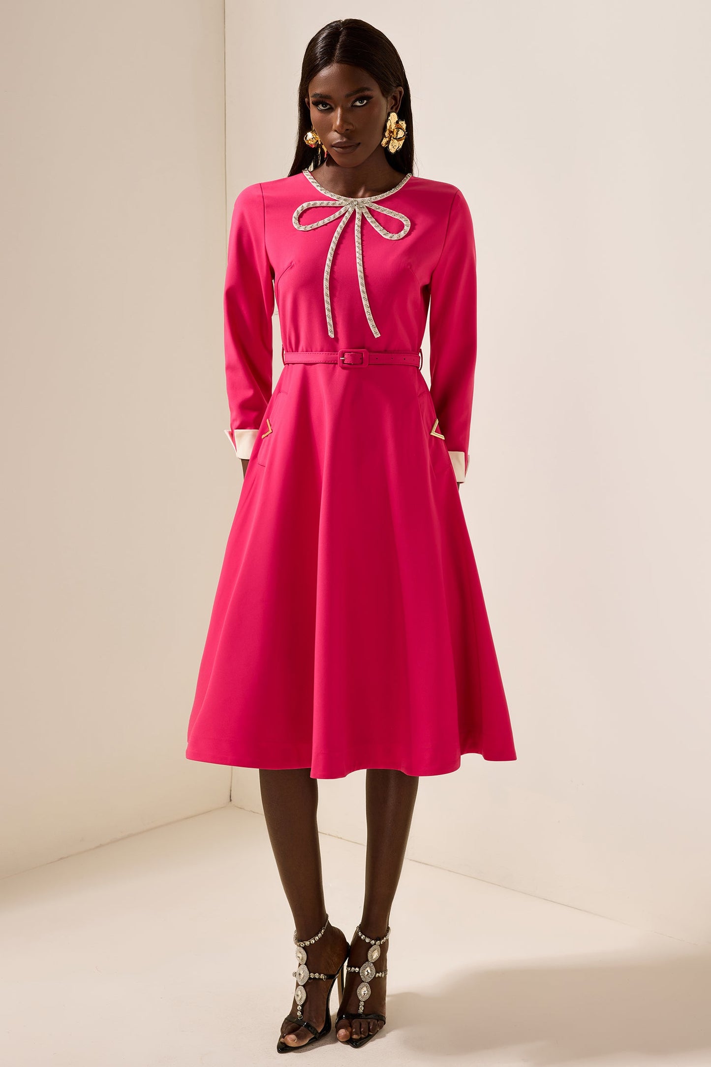 Rhinestone Midi Dress With Belt
