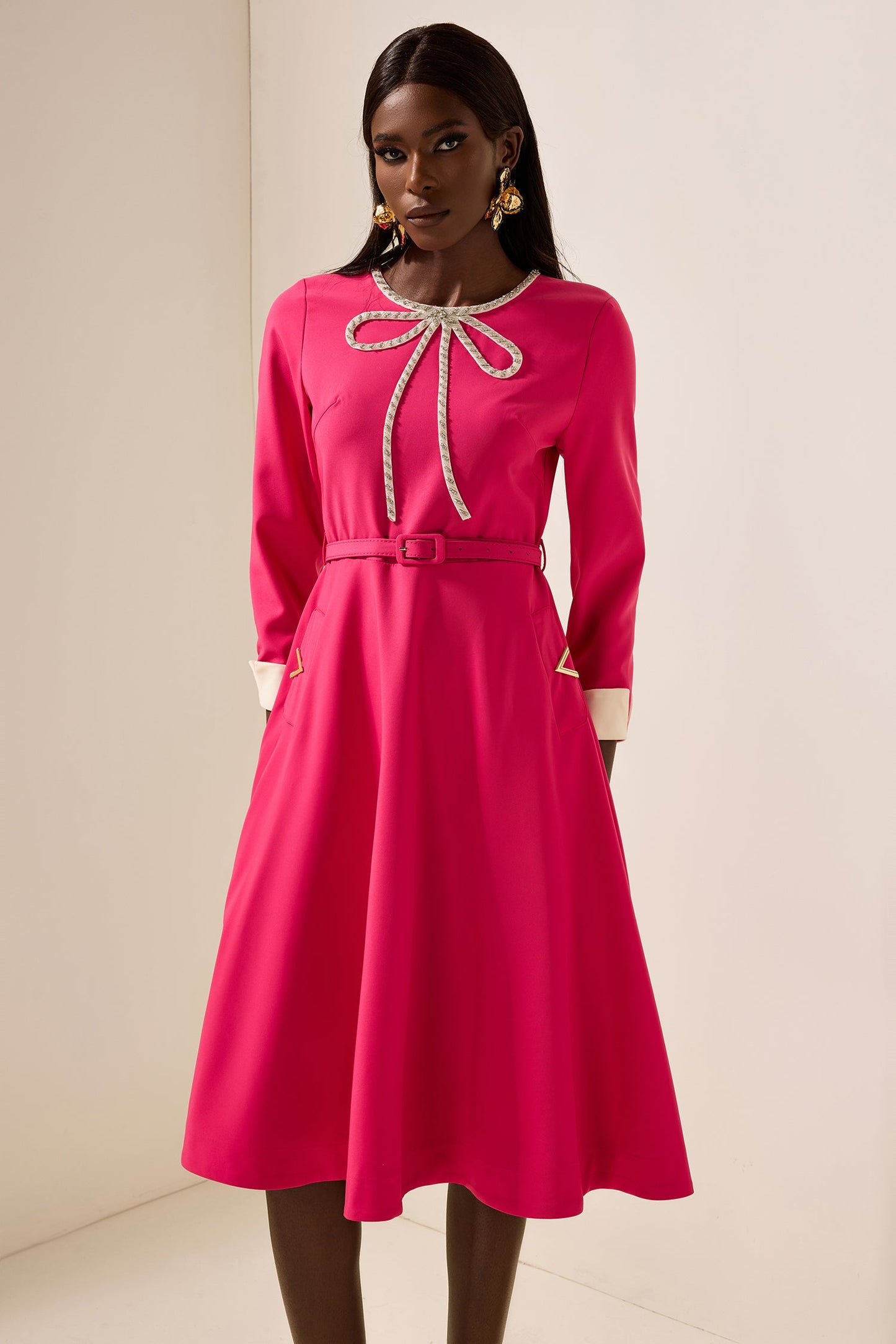 Rhinestone Midi Dress With Belt