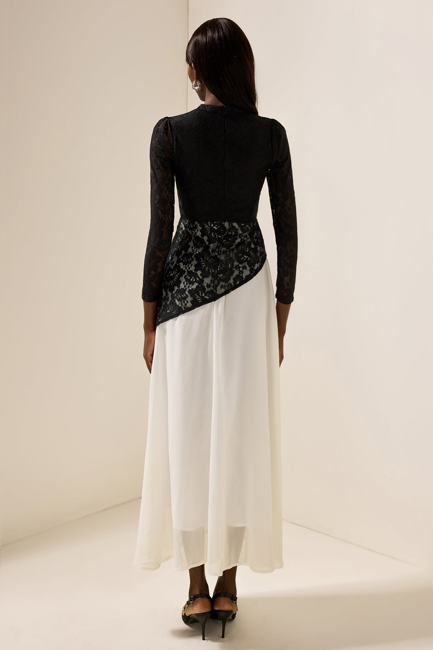 Lace Splicing Chiffon V-neck Midi Dress