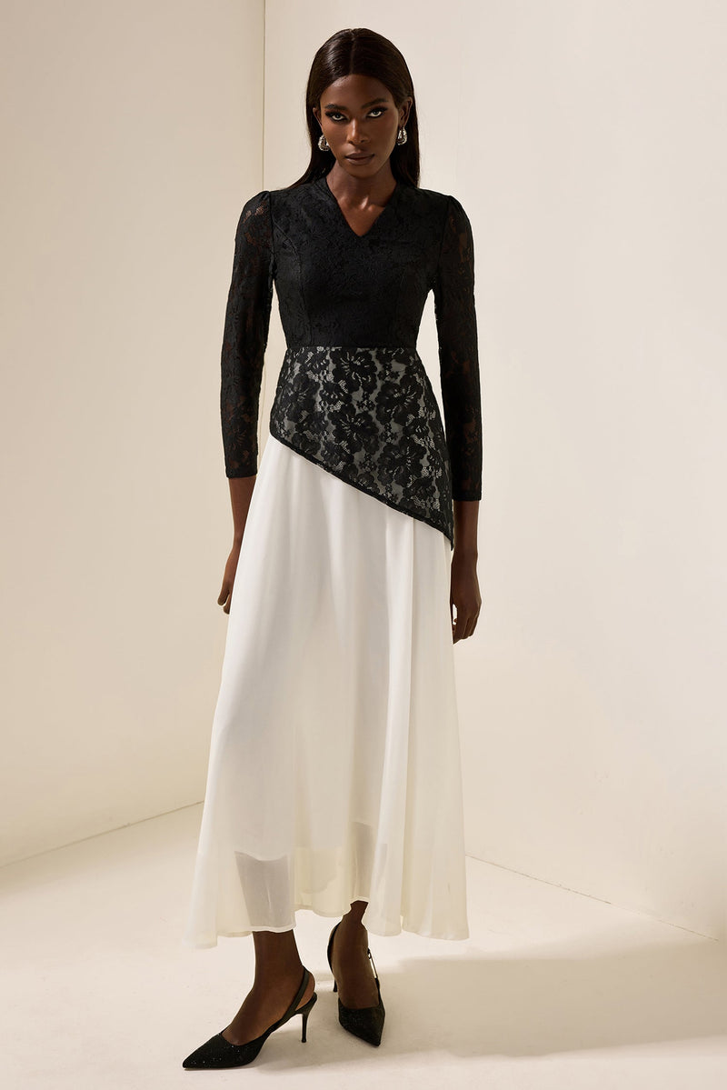 Lace Splicing Chiffon V-neck Midi Dress
