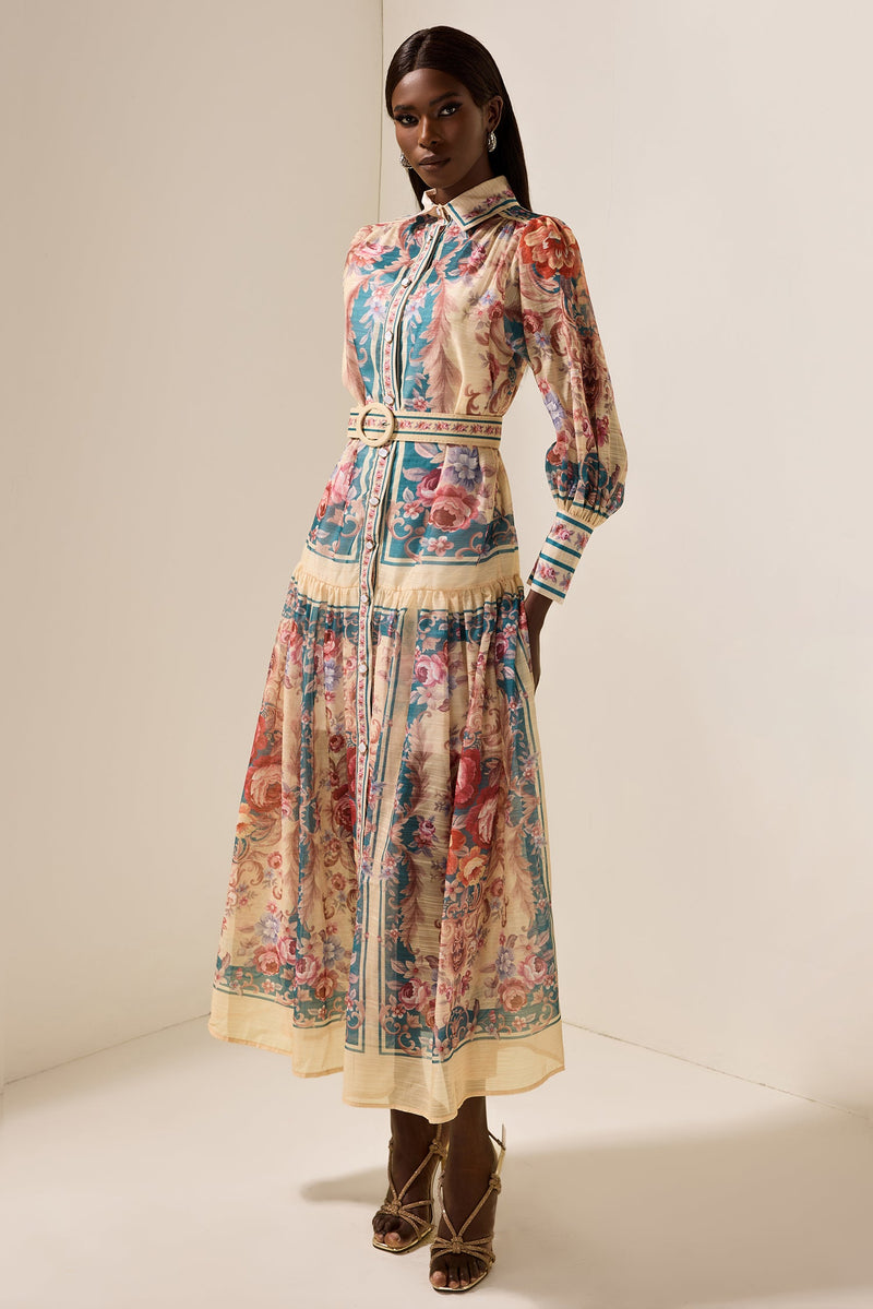 Shirt Collar Lantern Sleeve Midi Dress