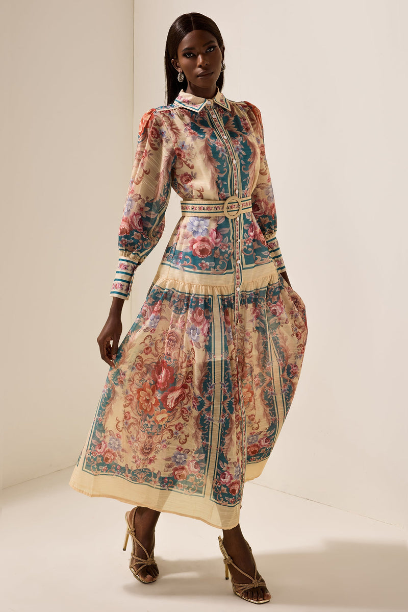Shirt Collar Lantern Sleeve Midi Dress