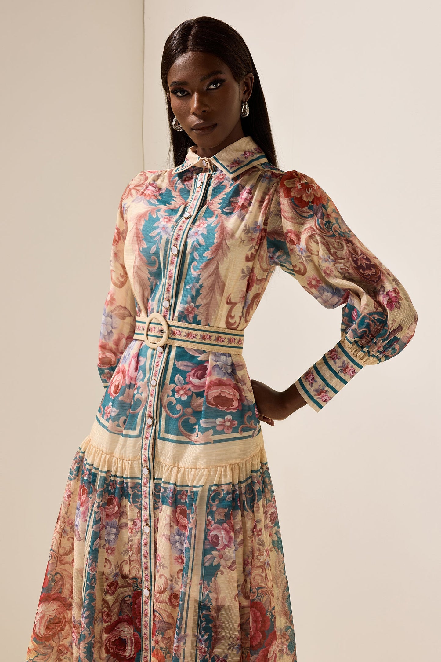 Shirt Collar Lantern Sleeve Midi Dress
