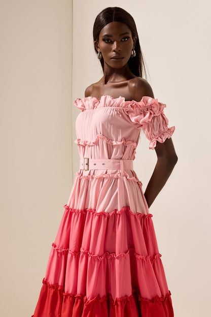Contrast Color Off-shoulder Frill Midi Dress