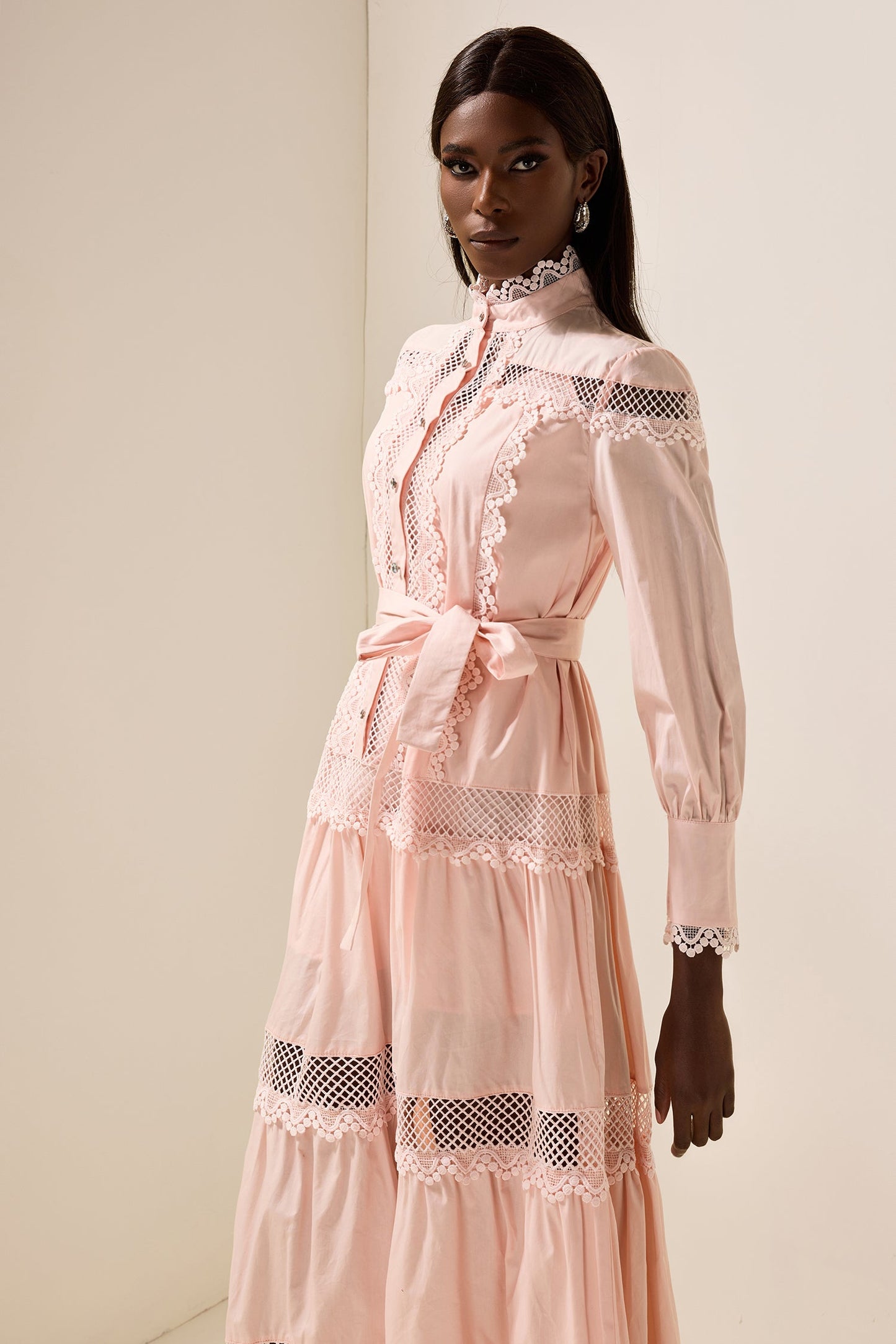 Lace Bottom Midi Dress With Belt