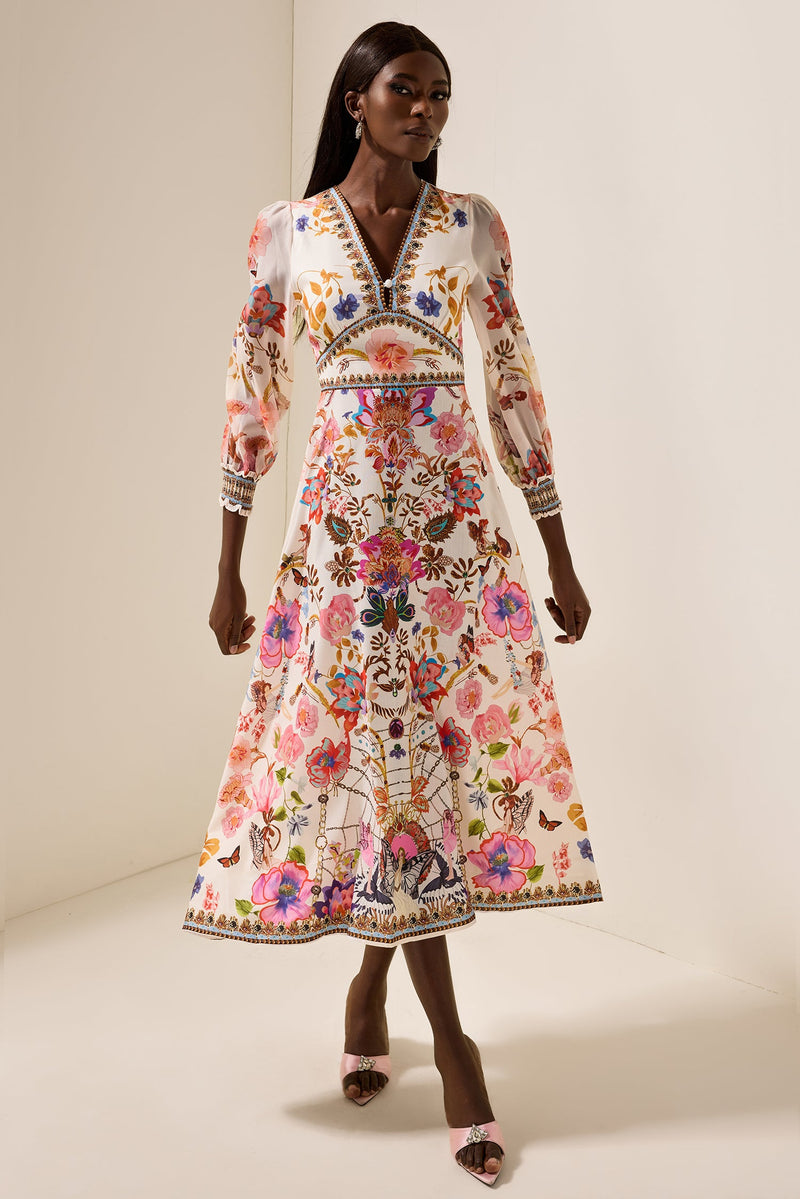 Lantern Sleeve V-neck Midi Dress