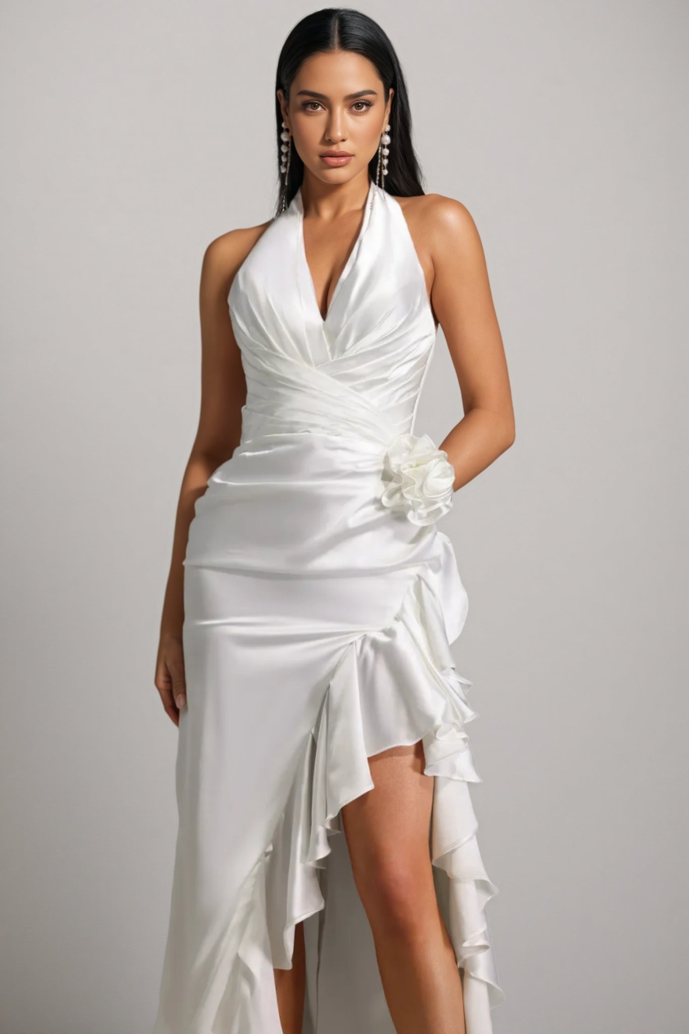 Mirisan Halter V-neck Flowers Flounce Maxi Dress