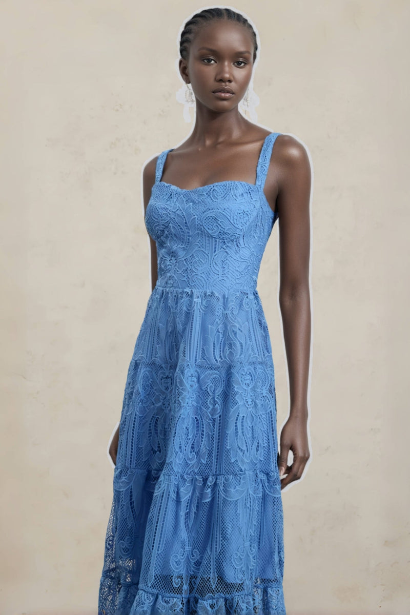 Neona Blue Lace Embroidered Maxi Dress