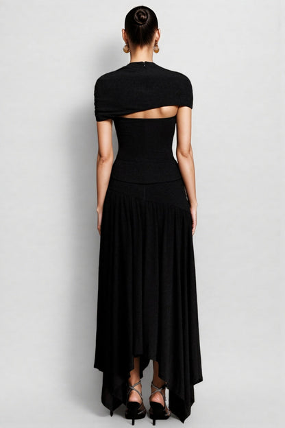 Zarinny Black Asymmetric Folds Maxi Dress Set