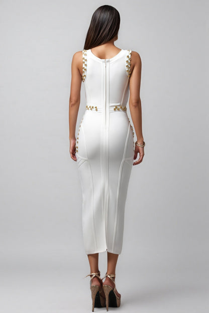 Peyton Round Neck Sleeveless Rivet Bandage Midi Dress