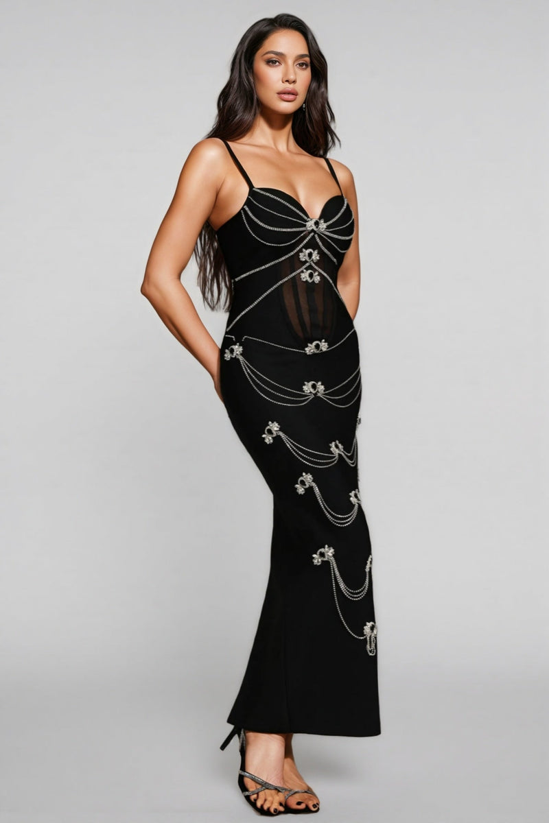 Geyren Sleeveless Diamond V-neck Bandage Maxi Dress